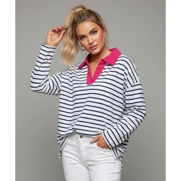 Amazon Tops - NEW Blue White Striped Long Sleeve Polo Pullover Sweatshirt Medium Pink Collar